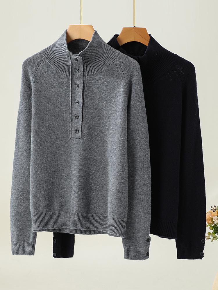 Women's 100% Wool Korean-Style Knit Sweater - Button Half-Open Stand Collar, Loose, Thickened for Autumn/Winter