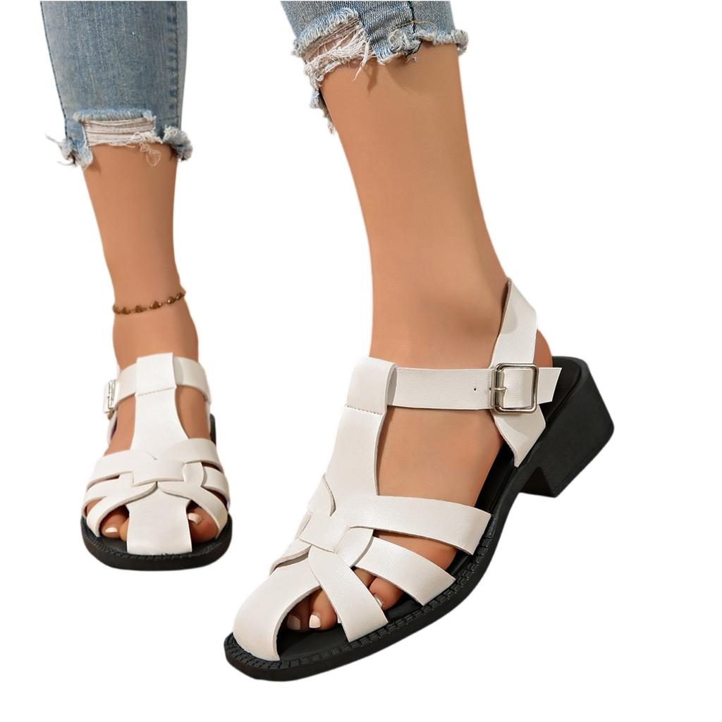 Women's Roman Style Flat Sandals Summer Beach Shoes Open Toe Buckle Strap Casual Slip Resistant Sole Comfortable Fit