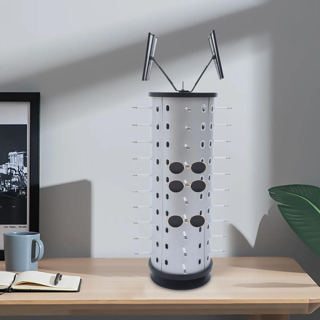 Abnehmbarer Theken-Sonnenbrillenständer, 360° drehbar, mit zwei Spiegeln, modisches Brillenregal für den Einzelhandel, Aufbewahrungsmöglichkeit für 40 Brillenpaare