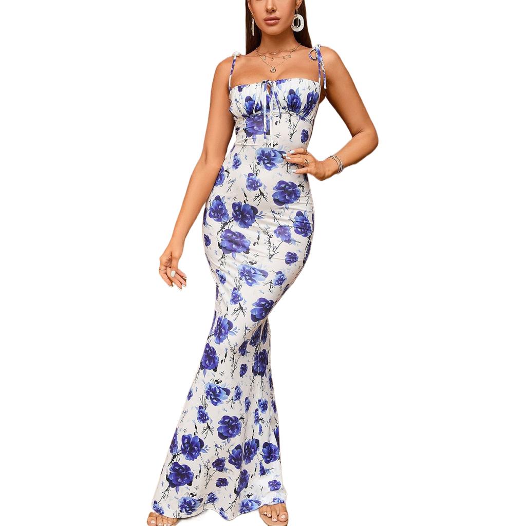 Women's Summer Floral Bodycon Maxi Dress Spaghetti Strap Sleeveless Boho Long Dresses