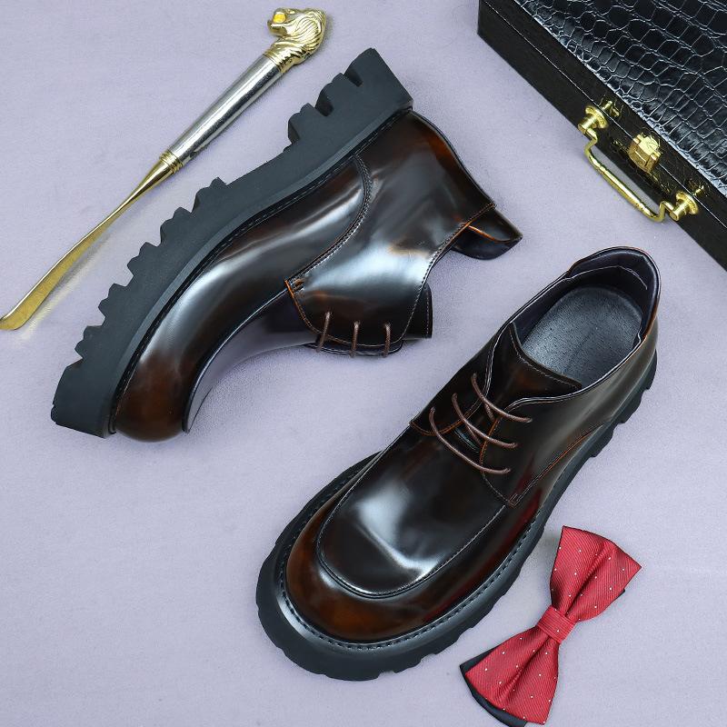 Zealous Sole Men's Black Genuine Leather Cowhide Thick-Soled Cowhide British Lacquered Bright Leather Non-Slip Fashion Boots Cm