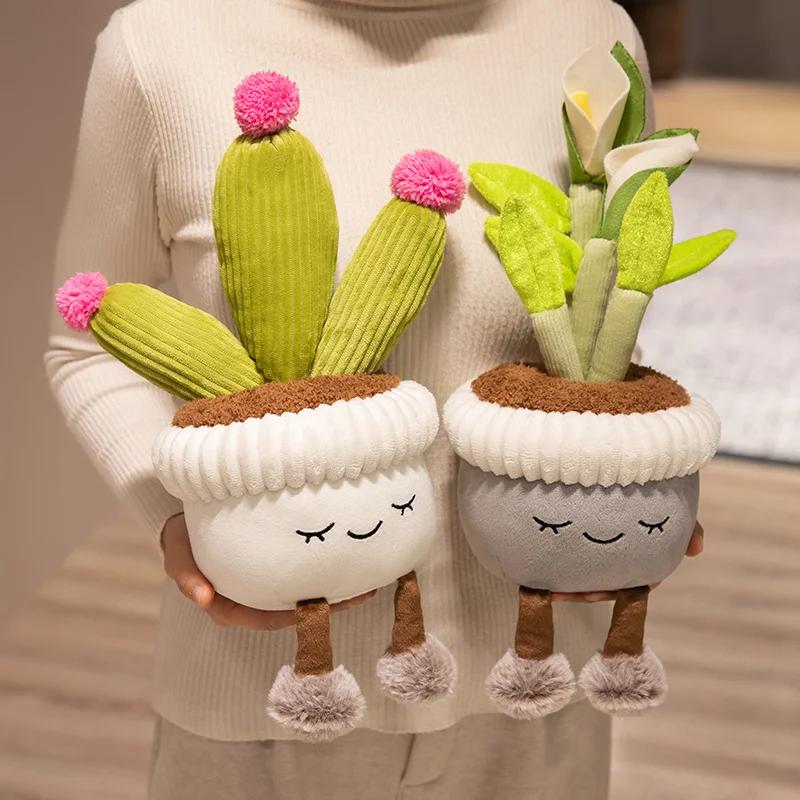 Kawaii Stuffed Plush Plants Lifelike Potted Plant Plush Doll Calla Lily Cactus Little Pink Flower Sunflower Pillow Toy Decor