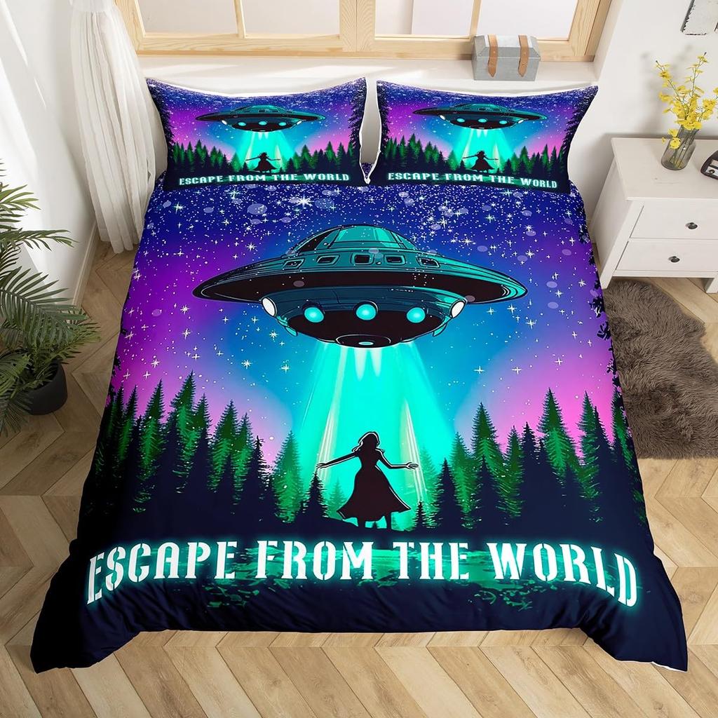 UFO Duvet Cover Set for Kids Boys Girls Teens Queen Lightweight Quilt Cover Outer Space Theme Bedding Set Bedroom Decor No Quilt