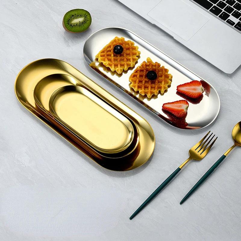 Gold/Silver Oval Decorative Tray Jewelry Tray Towel/Vanity Tray Dish Plate Tray Tea Fruit Storage Trays Cosmetics Jewelry Organizer