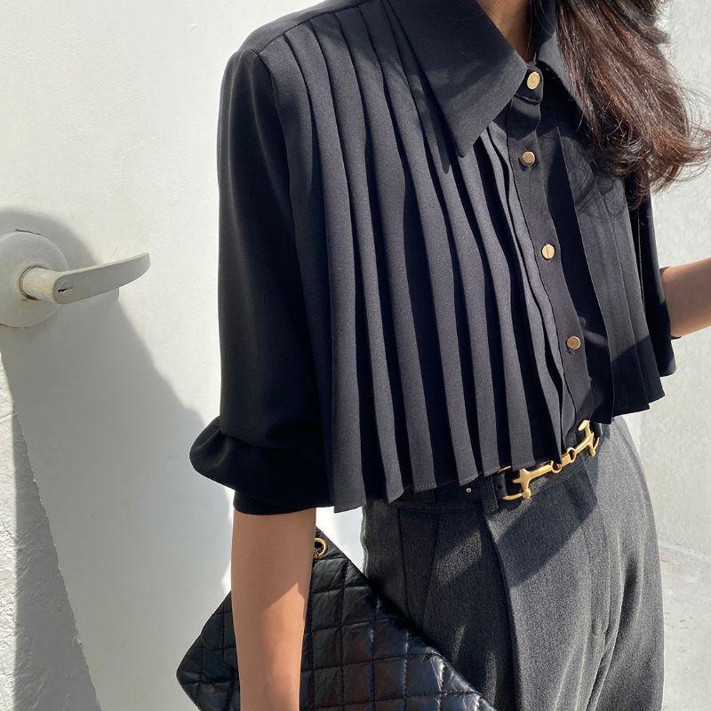 Women's Black Pleated Short Shirt - Korean Spring Style, High-Waist Versatile Design
