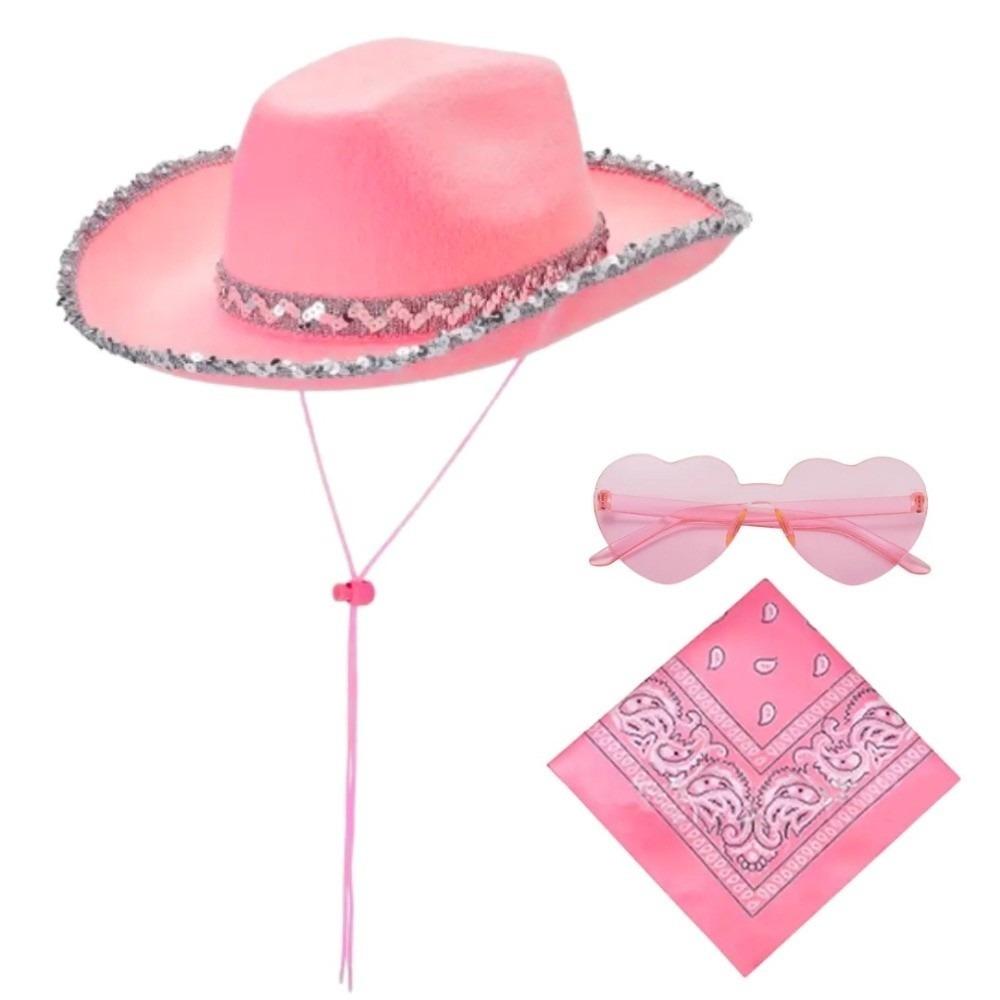 Fluffy Trim Bandana Heart-Shaped Glasses Pink Halloween Costume Accessories Set Cowboy Hat Women