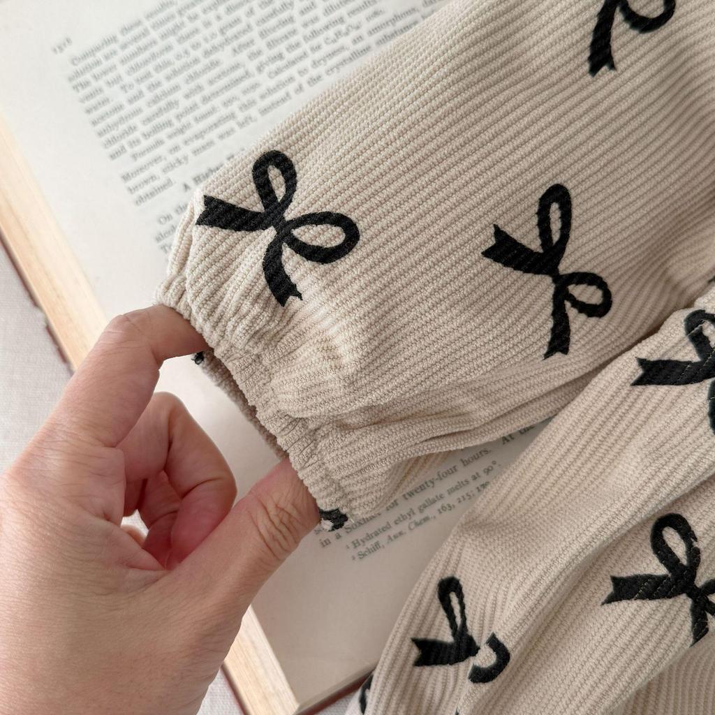 British Style Girls' Long Sleeve Dress with Bow Print and Skirt - Spring/Autumn Baby Bodysuit