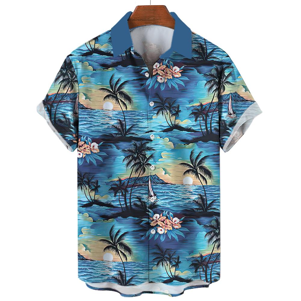 Hawaiian shirt, men's and women's 3D palm tree print, fashionable casual short sleeved shirt, lapel button top, oversized unisex clothing