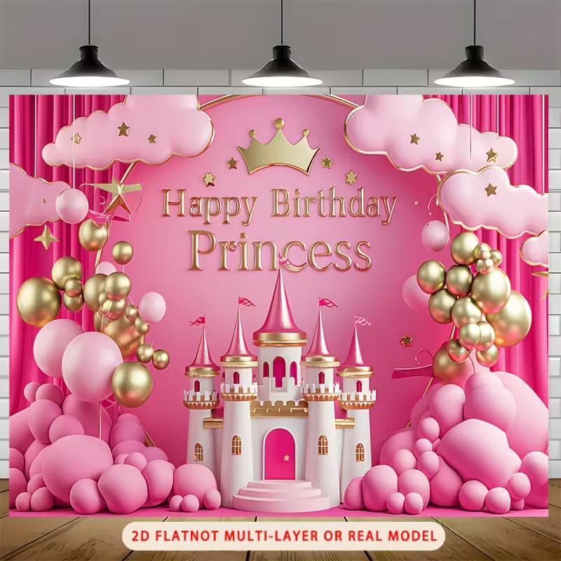 

2D Princess Castle Birthday Backdrop, Pink Photography Background 47.2x31.5inch/120*80cm