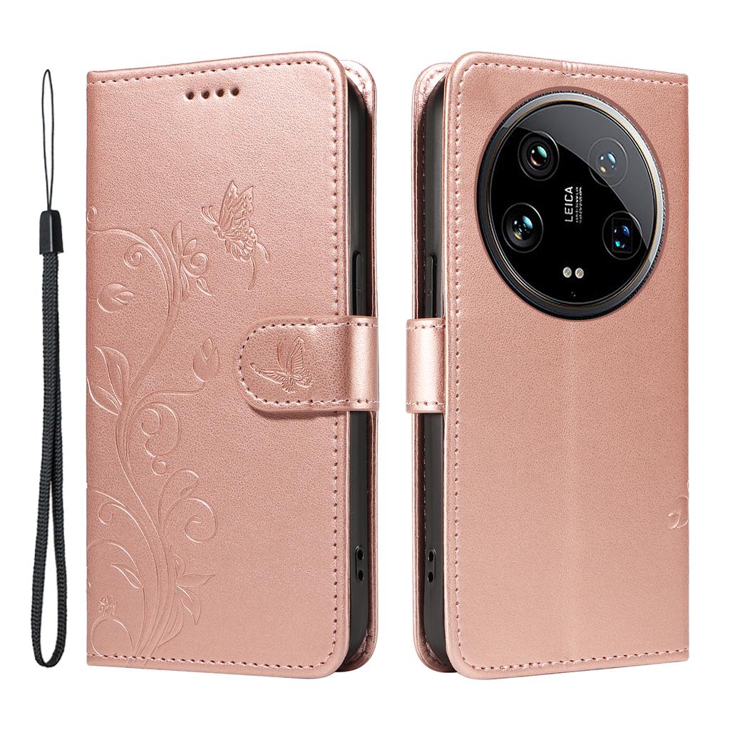 For Xiaomi 14 Ultra PU Leather Cases Flower Pattern Wallet Stand Phone Cover with Strap