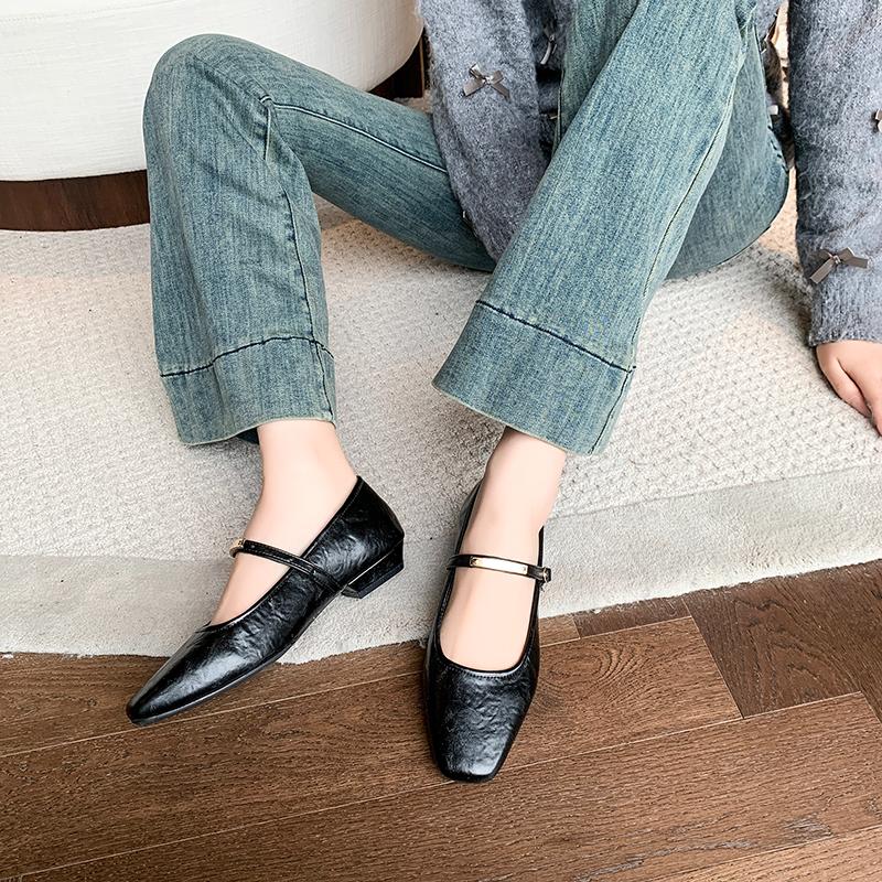Fashion 2025 New Genuine Shoes Mary Janes Square Toe Low Heels Solid Color Offcie Dress Daily Female Shoes