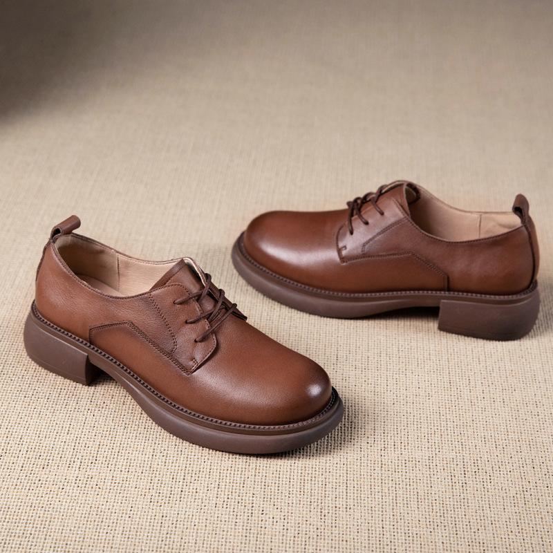 First layer cowhide loafers women's spring and autumn new casual retro lace-up British style work small leather shoes women's single shoes