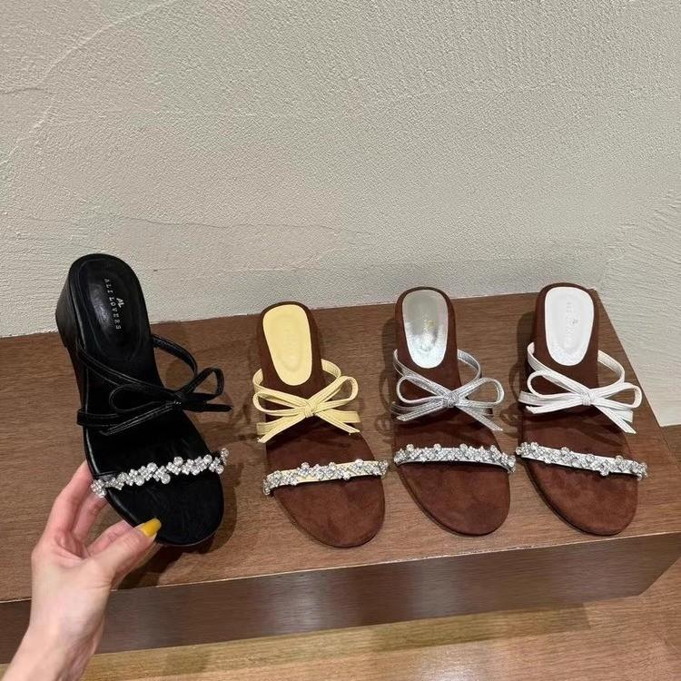 Elegant Butterfly Knot Slope Heel Women's Summer Outdoor Wear 2025 New French Style Square Head Open Toe High Heels Slides