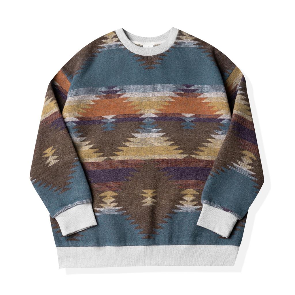 CHANGE WELL Men's "2023AW" Street Fashion Thick Pullover Fall/Winter Clothing [Native American Print] Long Sleeve Sweatshirt (Brown, 2XL)