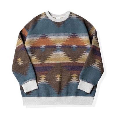 CHANGE WELL Men's "2023AW" Street Fashion Thick Pullover Fall/Winter Clothing [Native American Print] Long Sleeve Sweatshirt (Brown, 2XL)