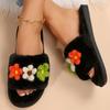 Fashion Mix Color Flower Cotton Slippers for Women Winter 2025 Slip On Open Toe Plush Slides Woman Soft Faux Fur Cotton Slippers Female
