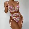 Women's Sexy  Lace Flower Embroidery Underwear Sexy Three-piece Suit With Steel Ring