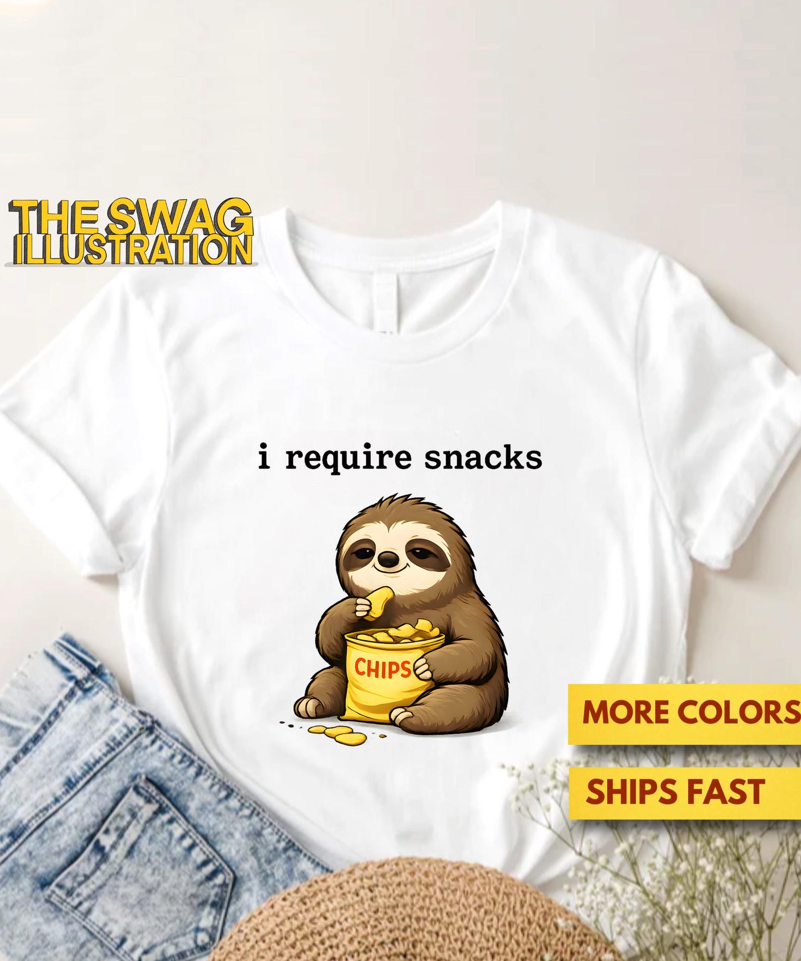 I Require Snacks Shirt, Funny Sloth Shirt, Cute Sloth Eating Chips Shirt, Snack Lovers GifT shirt, Cute Binge Eaters GifT shirt, Soft Tee M