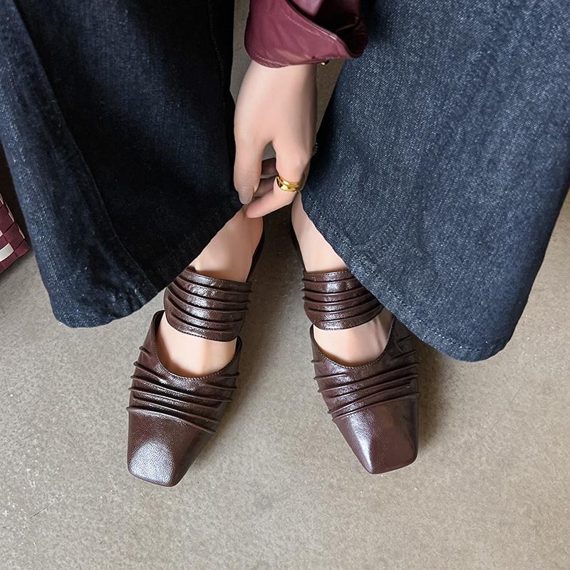 Fashion 2025 Summer New Genuine Leather Low Heels Slippers Women Square Toe Natural Leather Casual Slippers Female Daily Walk Slippers