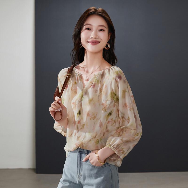 SOFSIL 2026 Spring Women s Printed V-Neck Lantern Sleeve Blouse S