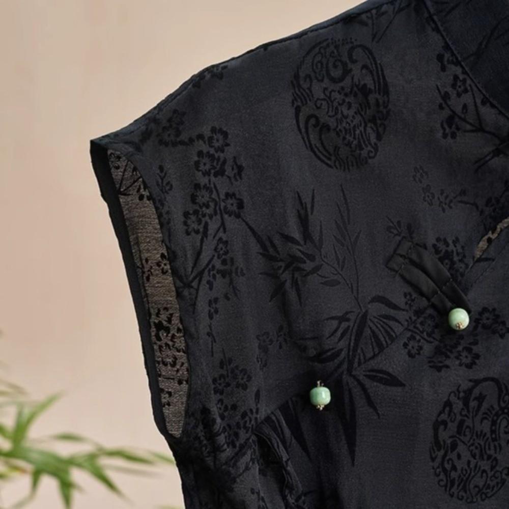 Thin Fabric New Chinese Style Top Jacquard Weave Black Jacquard Shirt  Women Casual Wear