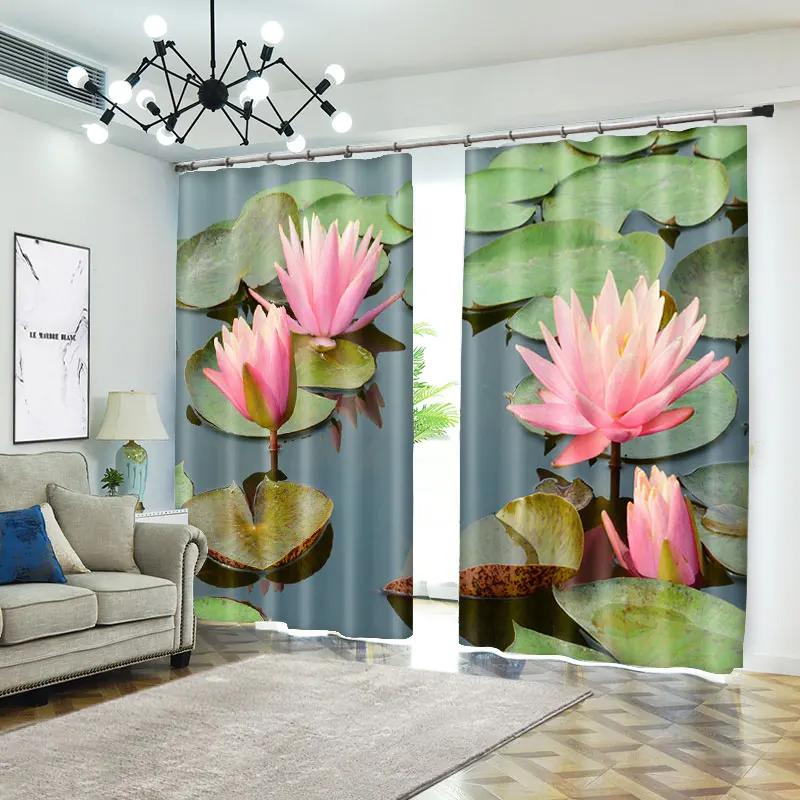 Lotus Green Lotus Flower Printed Curtain for Bedroom Living Room Floor-to-ceiling Window Kitchen Shutters Grommet Top Cortinas