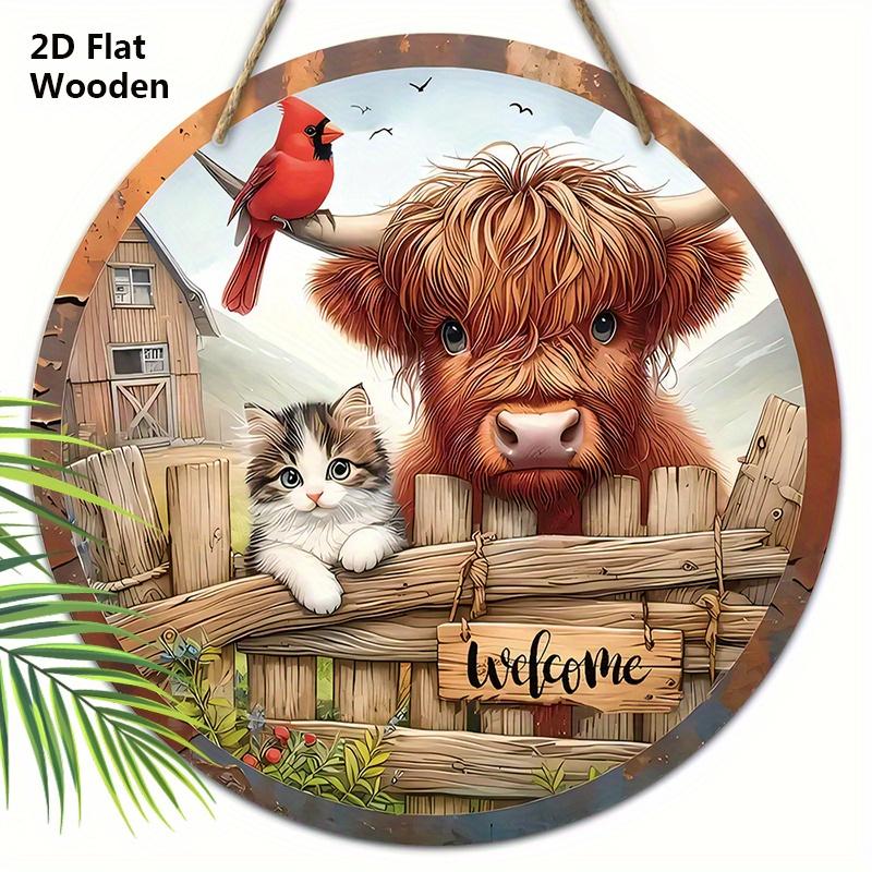 Welcome Wooden Sign with Highland Cattle Pattern - Rustic Decorative Plaque for Farmhouse, Herd Decorations - Ideal Housewarming Gifts