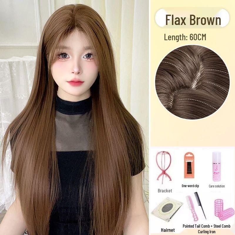 Wig for Women - Long Straight Linen Brown with Lace, Wen Qing Miki Style, Full Head Cover, Fluffy Natural Look