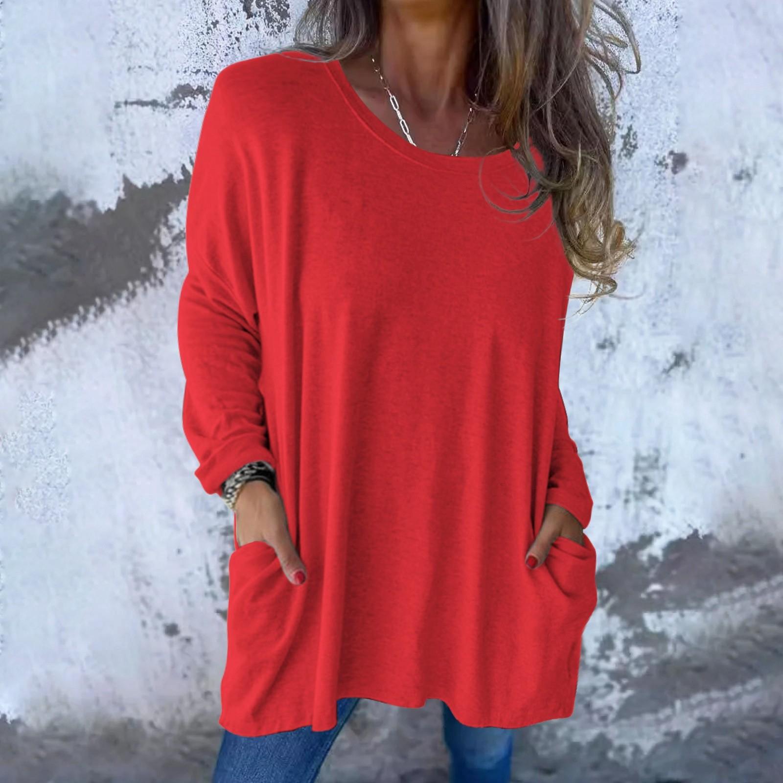 

Женская мода повседневная однотонная рубашка с длинным рукавом и круглым вырезом с карманами XXXL красный