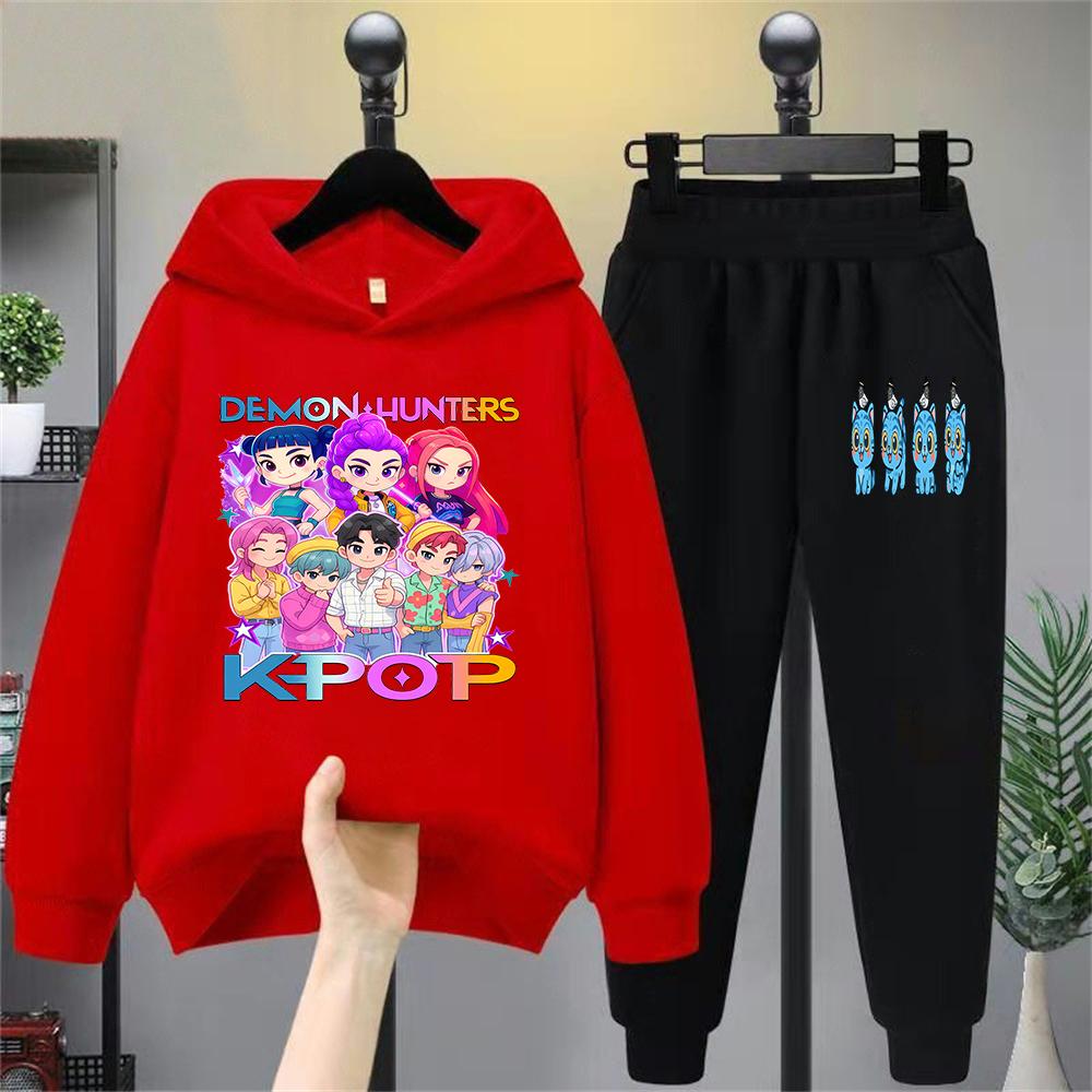 Kinder Dämonenjäger Kpop Cartoon Charakter Hoodie Set, Modisches Freizeit-Sweatshirt & Hosen Outfit für Kinder, Trendiger K - Pop Stil