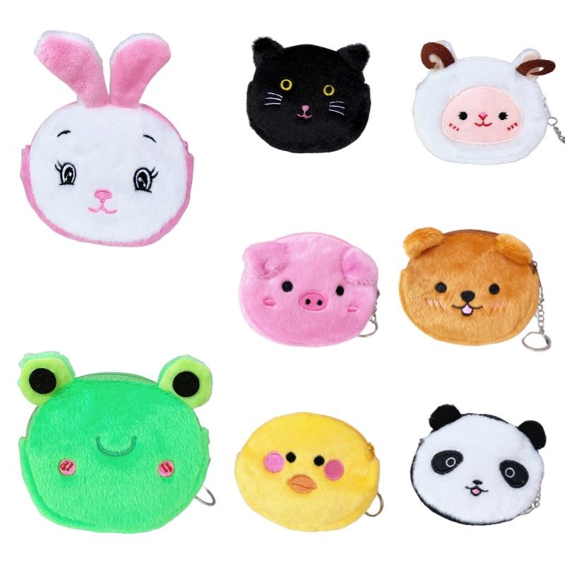 Cute Plush Coin Purse With Bear Head Design Cartoon Print Polyester Material