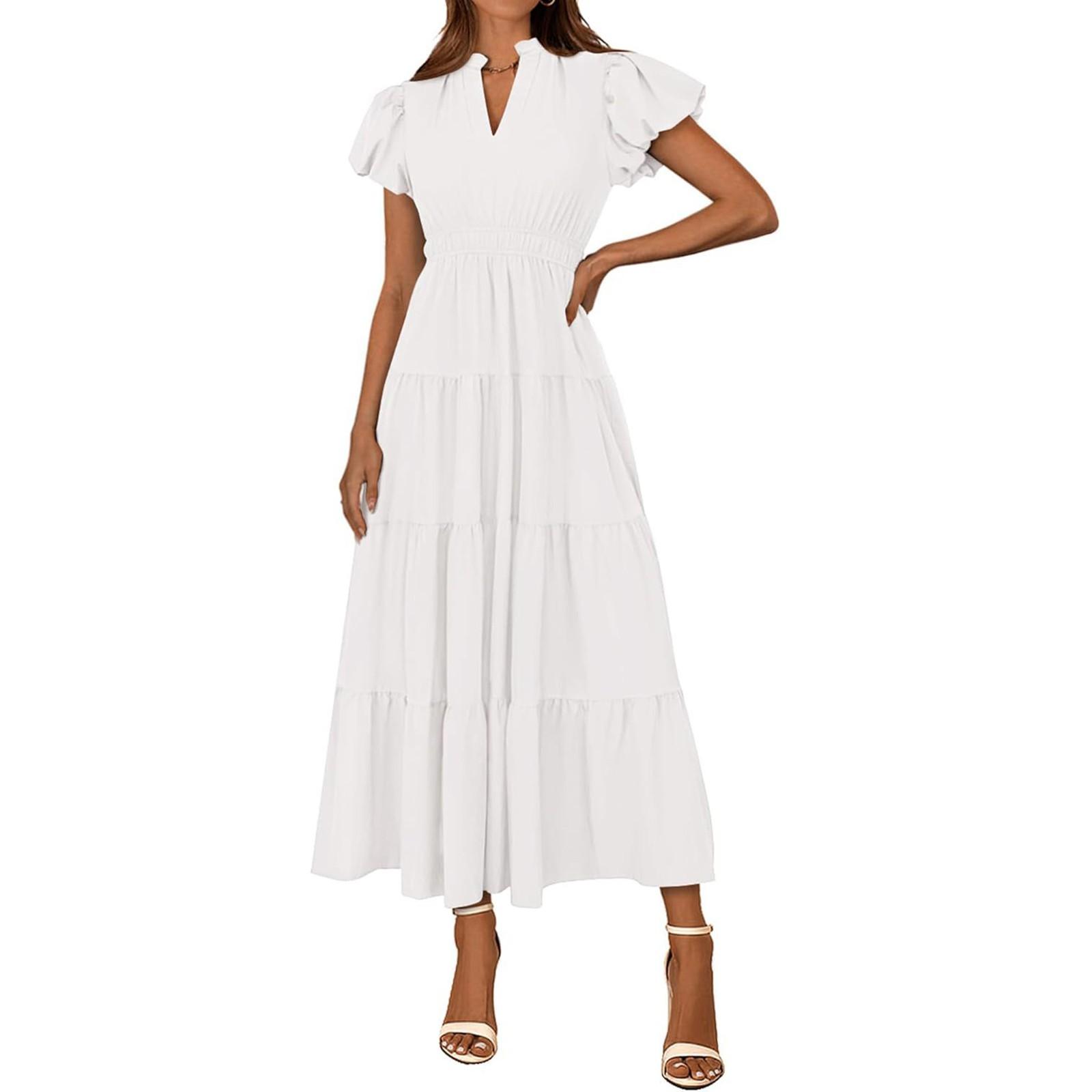 

Женские модные летние свободные платья с V-образным вырезом и рукавами-фонариками для отдыха в однотонном цвете XL белый