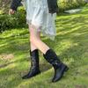 Brown Retro Western Cowboy Boots Women's 2025 New Hollow Mid Boots Embroidered Knight Boots Thick Heel Martin Boots