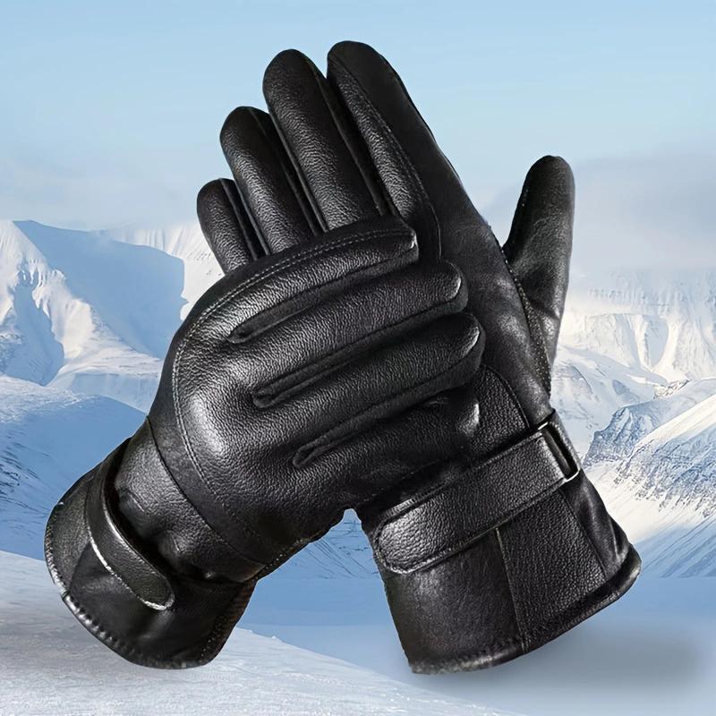 WTEMPO 1Pair Men's PU Cold-proof Windproof Full Finger Gloves Winter Outdoor Riding Cycling Fleece Thickened Black Touch Screen Gloves