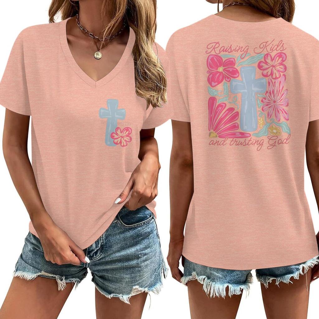 Religious Christian Faith Tshirts Short Sleeve Vneck Casual Tops Jesus Cross Flower Shirt Cross Faiths Casual Tshirt Women