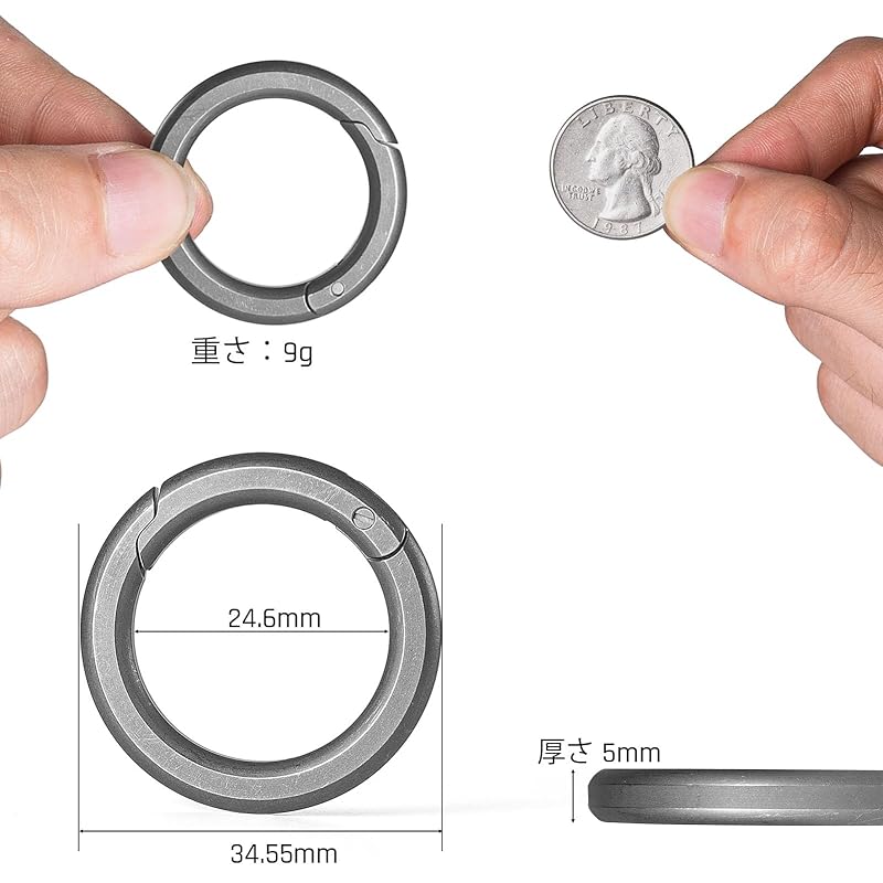 [TIMULTI] round shape carabiner key ring Fashionable Made of titanium lightweight small size one touch storage Load capacity 20Kg (Titanium) Gray *2