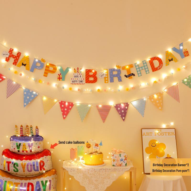First Birthday Party Hanging Decoration: Happy Birthday Banner with Pom Poms and Bunting for Kids.