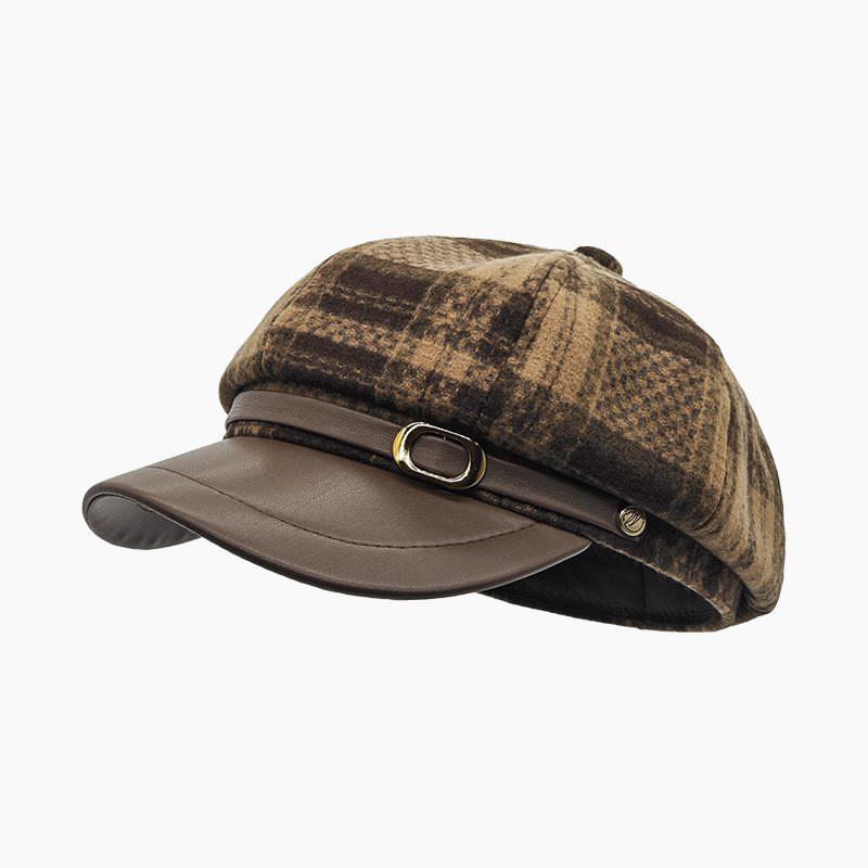 British Style Wool Blend Plaid Newsboy Cap With Wide Brim For Cold Weather Fashion