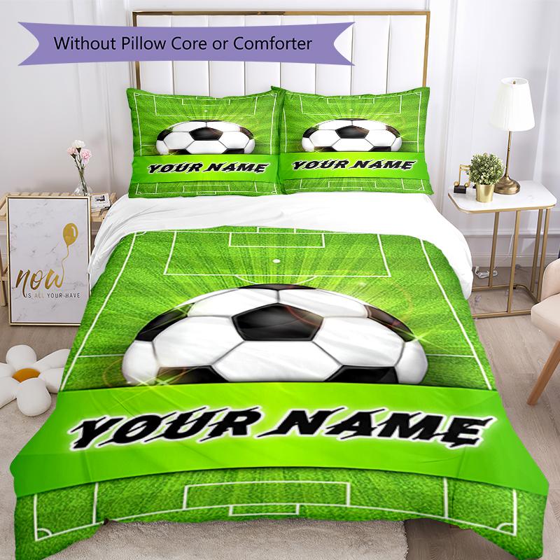 3PC Custom Name Soccer Ball Field Bedding Set Duvet Cover Closure Includes 1 Duvet Cover & 2 Pillowcases for Bedroom