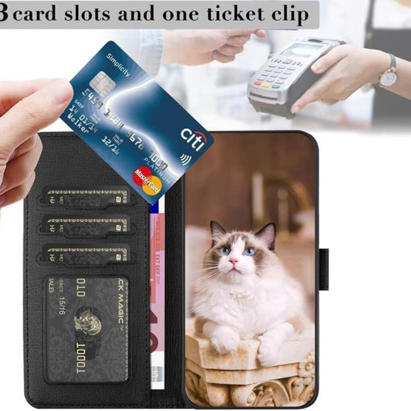 Artistic Feline Design Shockproof Flip Cover Case Protective Housing With Magnetic Snap Stand Function & Card Pockets