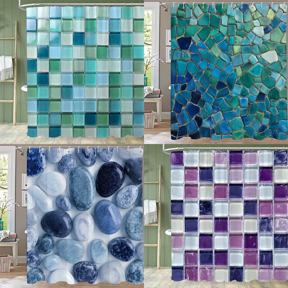 Dunika Chen 1Pc Modern Plaid Mosaic Texture Shower Curtains With Hooks Bathroom Curtains Printing Shower Curtain Home Decoration Curtain