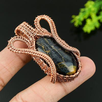 Natural Tiger Eye Gemstone Handmade Copper Wire Wrap Gift Pendant 2.17 C2D38