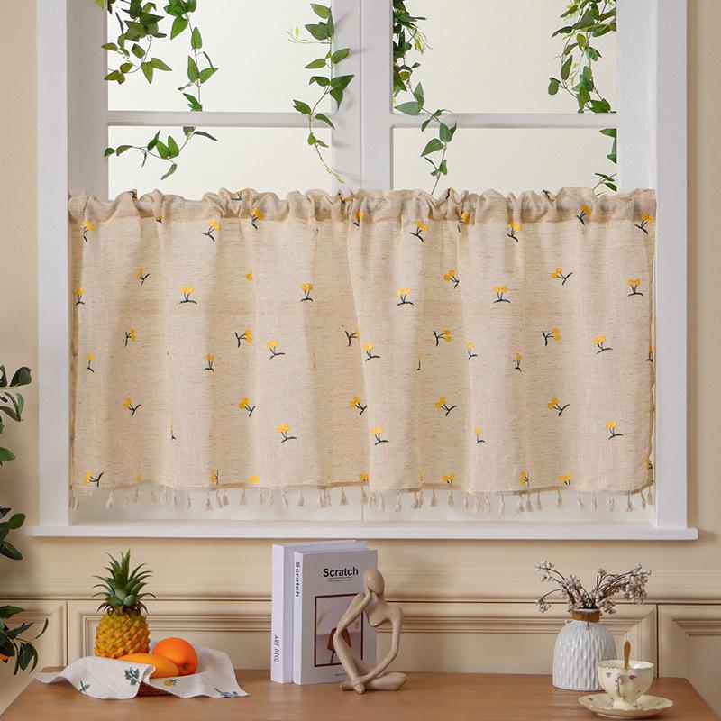 Double Layer High-End Embroidered Kitchen Cabinet Blackout Café Curtain
