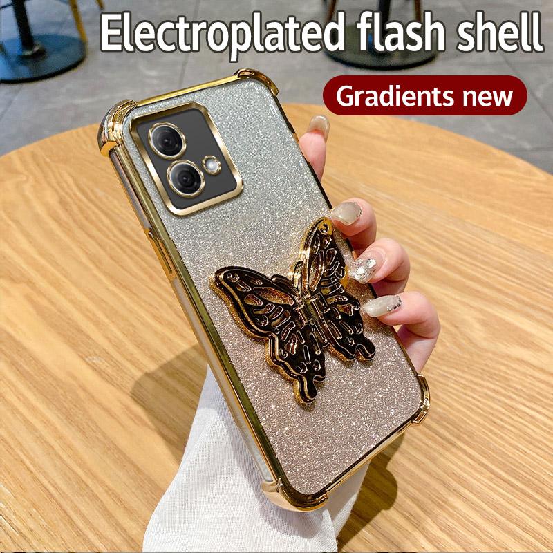 Luxury Plating Shockproof Butterfly Holder Phone Case For Motorola Moto G84 G54 G82 5G G52 G71S G10 G20 G30 Glitter Soft Cover