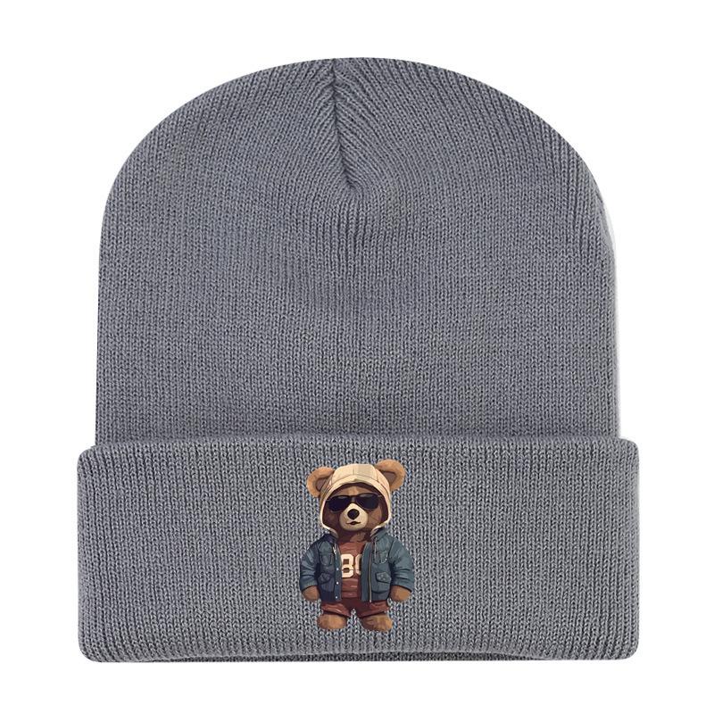 European and American New Autumn and Winter Hats, Women's Bear Printed Knitted Hats, Sleeves, Outdoor Warm Wool Hats, Men