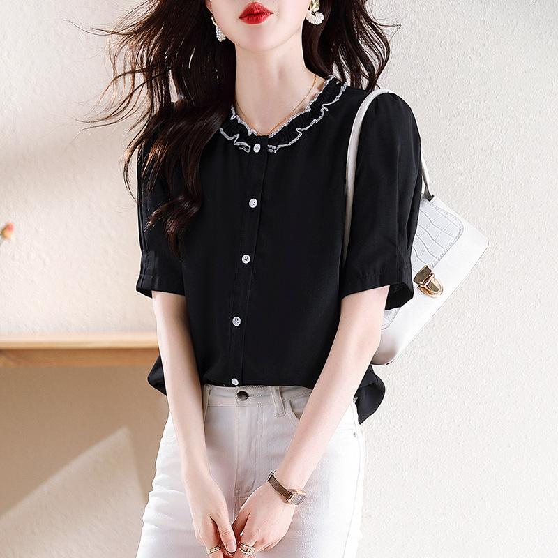 

Летний повседневный универсальный топ, утягивающий, кружевной, черный, с воротником-грибком, с короткими рукавами, шифоновая рубашка для женщин, блузки и рубашки 3XL чёрный