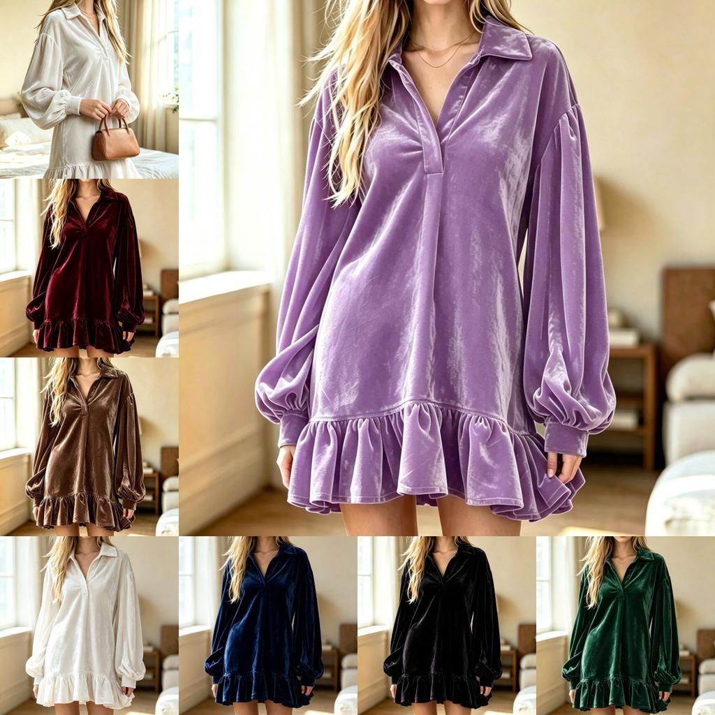 Women'S Solid Color Velvet Collared Dress V Neck Lantern Sleeve Ruffle Hem Loose Mini Shift Dress Fall Winter