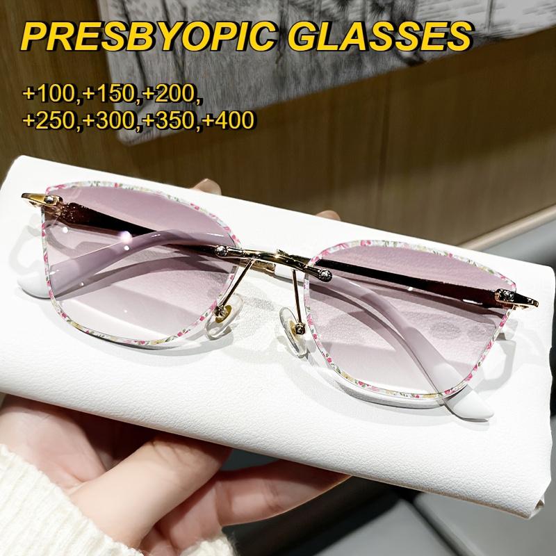 Small Frame Sunahde Cutting Frameless Presbyopia Glasses Women Cat Eyes Reading Eyeglasses Sunglasses Outdoor Eyewear +1.0..+3.5