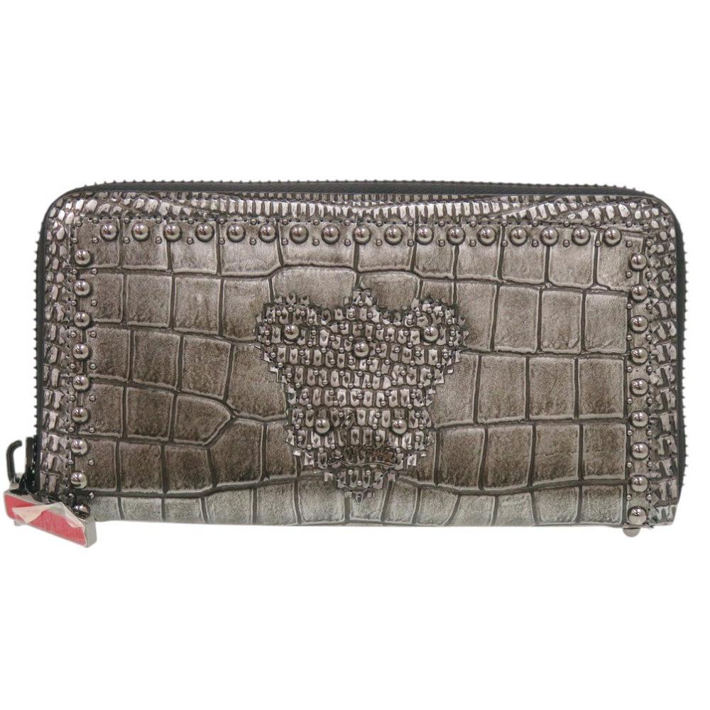 Used AUTHENTIC Christian Louboutin 3175195 Zip Around wallet Silver Embossed Leather