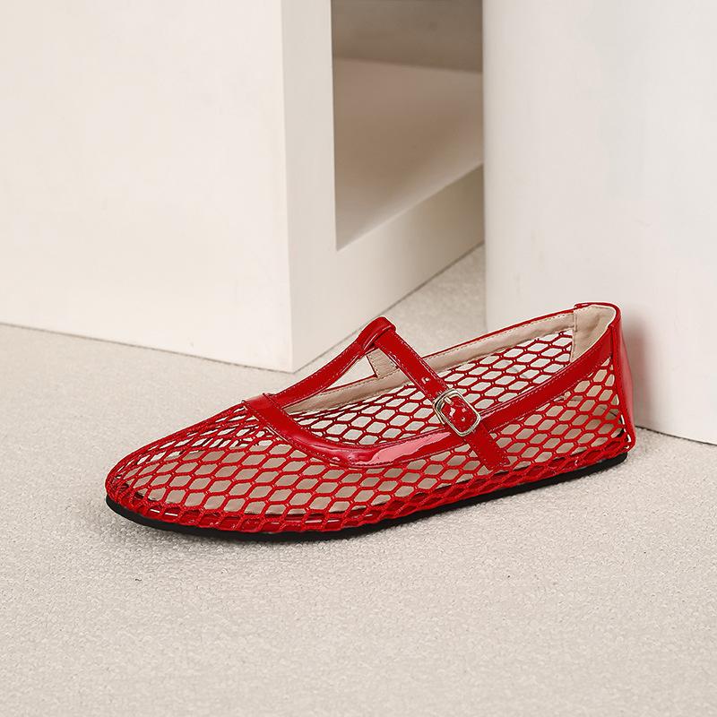 Fishnet Ballet Flats for Women Comfort Dressy Shoes With Ankle Strap Summer Round Closed Toe Mary Jane Shoes Women's Casual Non-Slip Mary Jane Flats